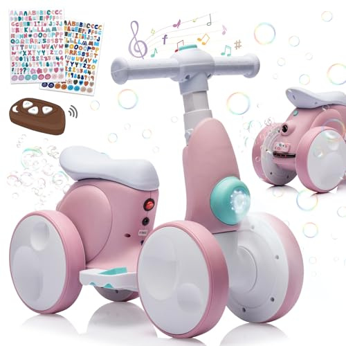 Draisienne Électrique pour Tout-Petits avec Machine à Bulles pour Garçons et Filles De 1 an, Draisienne 4-en-1 pour Enfants avec Musique et Lumières LED, Jouet Cadeau pour 12-48 Mois, Rose
