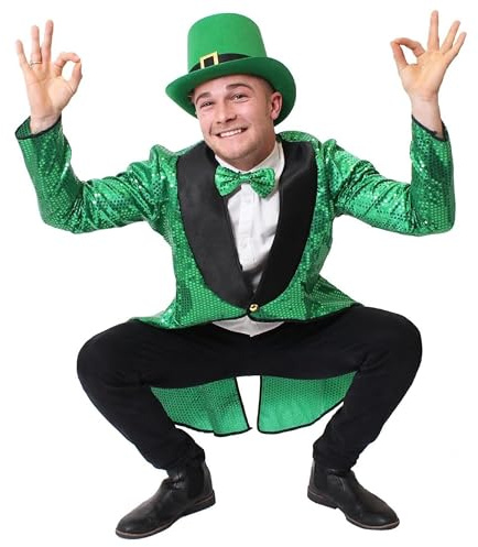 St Patricks Day Leprechaun Costume - XXLarge - Irish Fancy Dress Outfit - Sequin Tailcoat, Green Sequin Bow Tie and Green Top Hat
