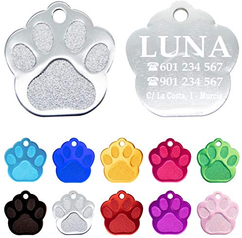 Ibera Gifts - Chapa Perro y Gato Grabada en Forma de Pata, Placa Personalizada para Perros y Gatos Pequeños y Medianos, Tamaño 27 x 29 mm, Chapa Identificativa Plateada