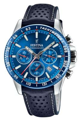 Festina Herren Uhr Analog mit Blauem Lederarmband - Quarzwerk - Chronograph - Kalender - Mineralglas mit hoher Widerstandsfähigkeit - Wasserdicht bis 10 ATM - Elegant F20561/3 Timeless Chronograph