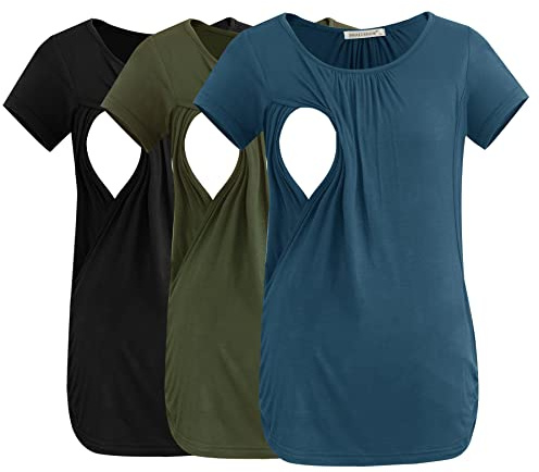 Smallshow Women's Nursing Tops Ruched Short Sleeve Breastfeeding Shirts 3-Pack Army Green-Black-Grey Blue Small