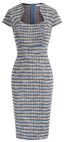 Grace Karin Precioso Vestido de Tubo de Tweed con Manga Casquillo para Mujer para el Trabajo, Tweed a Cuadros Azules, XXL