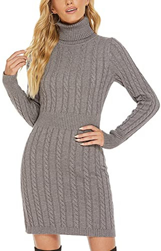 QUNERY Damen Pullover Kleid Elegant Strickkleid Casual Langarm Winterkleid Einfarbig Rollkragen High Stretch Jumper für Winter A-Grau L