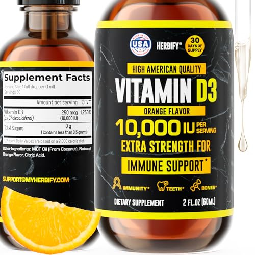 HERBIFY Vitamin D3 10000 IU - Made in USA Liquid Vitamin D Drops - Bone Strength and Immune Support Supplement - Sunshine Replacement - D3 Vitamin Bone and Teeth Supplement - 30 Days Supply - 2 Oz