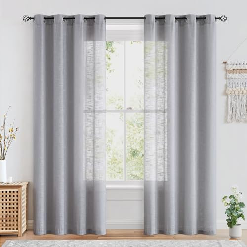 FMFUNCTEX Grau Vorhänge Leinenoptik mit Ösen Leinen Gardinen Halbtransparent Landhausstil Wohnzimmer Modern für Schlafzimmer Kinderzimmer Balkontür 2er Set, 225 x 127 cm (H x B)