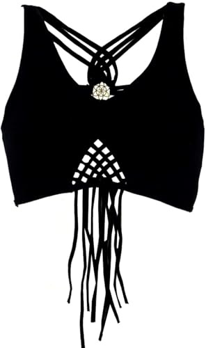 GURU SHOP Goa Psytrance Haut de Bikini Top Pixi Top Frange Femme Coton, Noir , 40