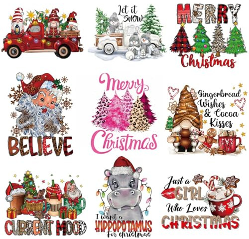 9 Sheets Christmas Heat Transfer Vinyl Decals Red Cute Cartoon Iron On Transfers Stickers Christmas HTV Vinyl Patches Designs for T-Shirts Clothing Bags DIY Decorations (English)