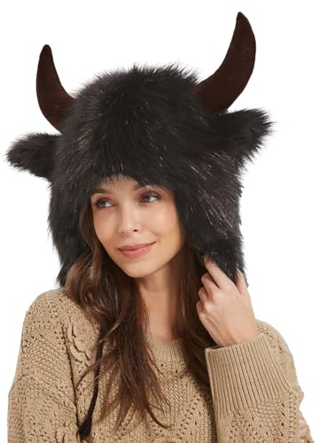 boiler Buffalo Hat with Horns - Warm Buffalo Hat,Animal Hats, Furry Ear Headwear for Outdoor Adventure, Halloween, Animal Cosplay, Festival Theme