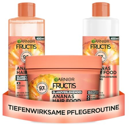 Garnier Haar Set für langes, glanzloses Haar mit Vitaminen, mit 3in1 Maske, Shampoo & Spülung, pflegend Anti-Frizz Pflege, Fructis Hair Food Set Ananas, 3 x 400 ml