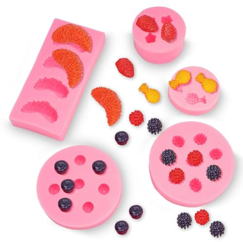 5 Stück Silikonform Früchte, Silikonform Erdbeere Ananas Orange Heidelbeere Maulbeere, Fruchtförmige Geleeformen, 3D Silikonformen Obst Antihaft Wiederverwendbar, für Fondant Schokolade Cupcake