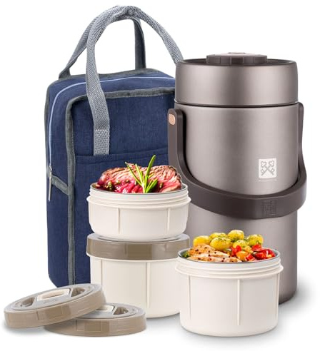 GOLDEN KEY 87oz Thermo for Hot Food Adult, Stainless Vacuum-Insulated Wide Mouth Large Food Thermo with 3 Stackable Storage Container Inserts and Lunch Bag,Hot & Cold Soup Insulated Food Jars
