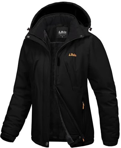 Libin Winterjacke Damen Skijacke Snowboardjacke Warme Gefüttert Fleecejacke Winddicht Outdoorjacke Winter Jacket mit Abnehmbarer Kapuze Softshell Funktionsjacke Schwarz XL