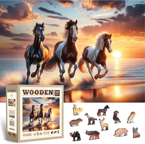 WOODEN.CITY Puzzle in legno da 1000 pezzi, cavalli selvatici sulla spiaggia con 100 pezzi a forma di animale, 21,3 x 15,5 pollici
