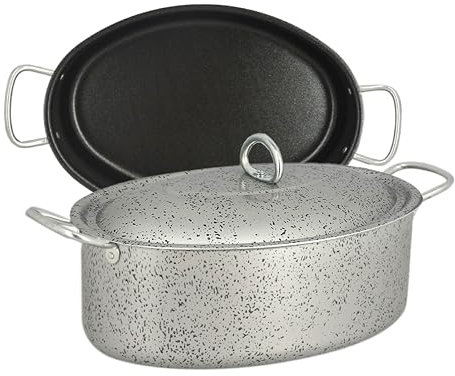 MA MAISON Casseruola Ovale Ø 32 cm Con Coperchio e 2 Manici Antiaderente in Alluminio per Cucinare - Adatta a Gas Vetroceramica e Fornelli Elettrici - Antigraffio + Manici con Foro