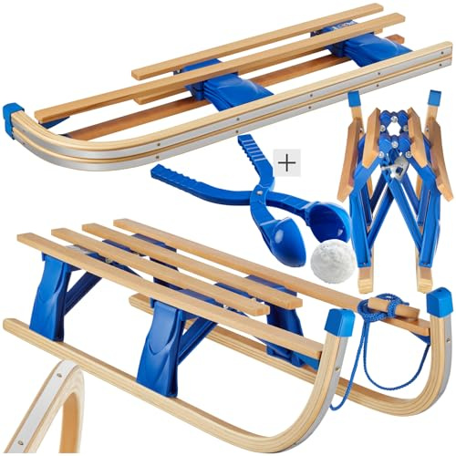 tectake® Foldable Wooden Sledge in Classic Slatted Design, Durable Snow Sledge in Beech Wood with Smooth Steel Runners & Tear-Resistant Tow Rope, Large Sled for up to 2 Children, Incl. Snowball Maker