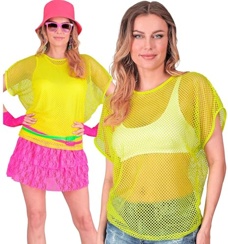 W WIDMANN MILANO Party Fashion - Haut en résille pour femmes, t-shirt en résille, fluo pour festivals et carnaval