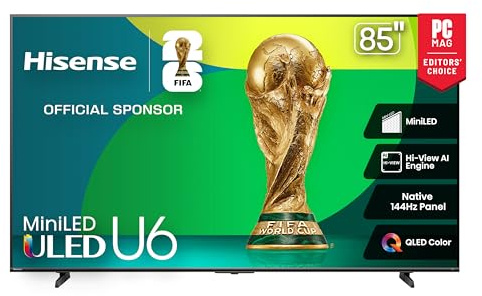 Hisense 85 Class U6 Series Mini-LED 4K UHD Smart Fire TV (85U65QF, 2025 Model) - QLED, Native 144Hz, HDR10+, Dolby Vision IQ, Dolby Atmos, Game Mode Pro, ALLM, Alexa Built in, Black