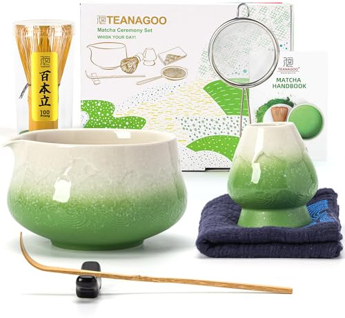 TEANAGOO MATCHA KIT, Matcha Set verde,Matcha Cerimoniale, set da tè matcha per preparare il latte, set con frusta e ciotola con cucchiaio e setaccio, ciotola in ceramica con disegno Fuji