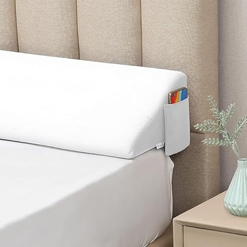 Cuscino A Cuneo Per Letto Matrimoniale,Triangolare Cuscino Da Lettura,Riempimento Dello Spazio Per Il Cuscino Con Zeppa Con Tasca Laterale, Per Spazio Tra Materasso E Testiera(99x25x15cm,White)