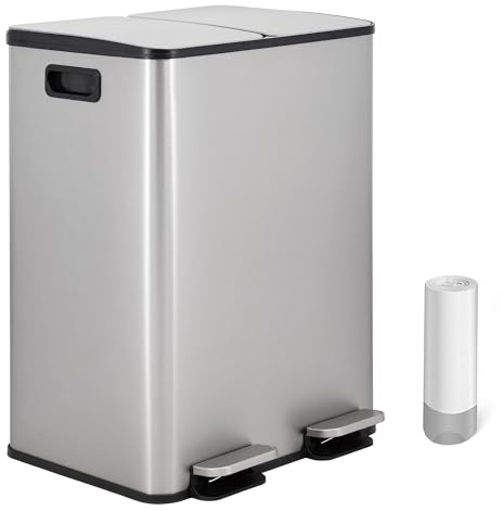 VIDACHARMY - Cubo de Reciclaje 2 x 30L (60L), Cubo de Basura Doble, de Acero Inoxidable Antihuella, Tapa de Cierre Suave y Pedal, Incluye 20 Bolsas de Basura, Compartimentos Separados