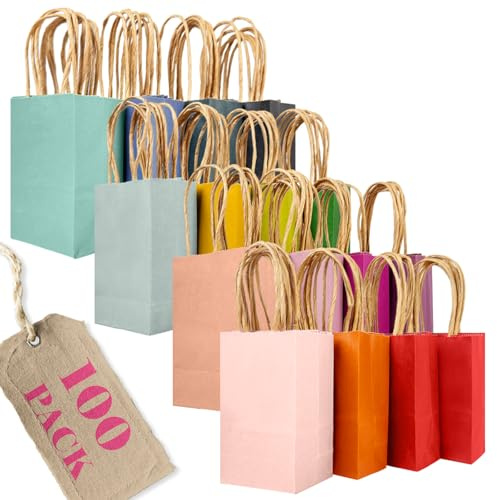 Gcardist 100 pezzi Mini-sacchetti regalo in carta con manici–11,4 cm × 6,4 cm × 15,2 cm piccoli sacchetti di carta kraft per feste – 16 colori monocromatici