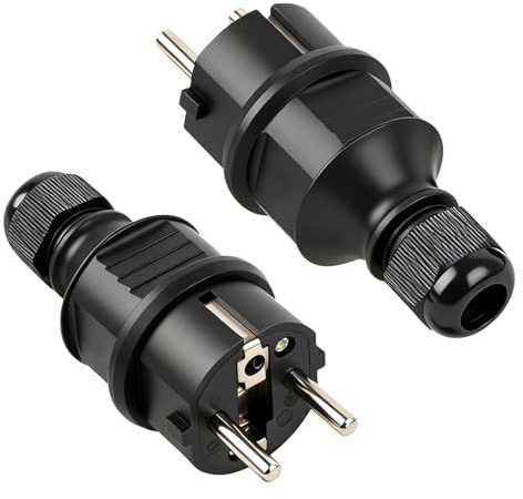 2 Stück Schuko Stecker 250V 16A mit Knickschutz und Zugentlastung, Stecker für Verlängerungskabel, Schutzkontaktstecker, Wasserdichter Schutzkontaktstecker für Innen- und Außenbereich