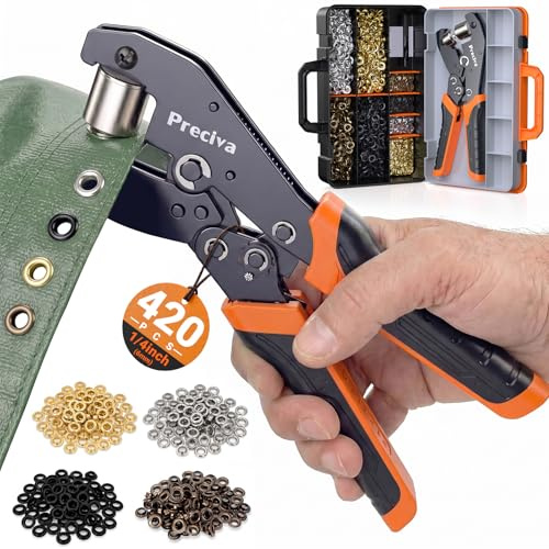 Preciva Alicates De Ojales con 420 Pezzi,ojales metalicos con 4 colores (ø Interno 6mm),Ojales Para Lonas,Set De Ojales Para Lonas,Para Lonas Tejidos Velas Solares CartóN Cuero y Pvc