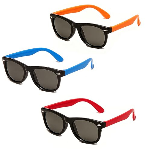 Gobiufy Set di 3 paia di occhiali da sole per bambini, occhiali da sole polarizzati per bambini, protezione UV, occhiali da sole retrò per bambini, spiaggia, feste, viaggi, Colore 03