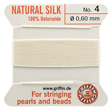 Hilo de seda 100 % natural Griffin, para enhebrar perlas y abalorios, color blanco, 2 metros con una aguja, 13 tamaños disponibles, blanco, 0.60mm