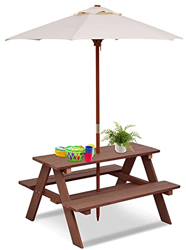 HONEY JOY Kids Picnic Table, Outdoor Wooden Bench Set w/Removable Umbrella, Children Backyard Furniture for Patio Garden, Toddler Picnic Table for Outdoors, Gift for Boys Girls, Walnut