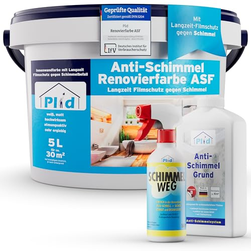 Plid® Anti-mögel renoveringsfärg inomhus vit 5L inkl. spray + grundfärg [renoveringsset] - för fuktiga rum, badrum & kök, långvarigt mögelskydd
