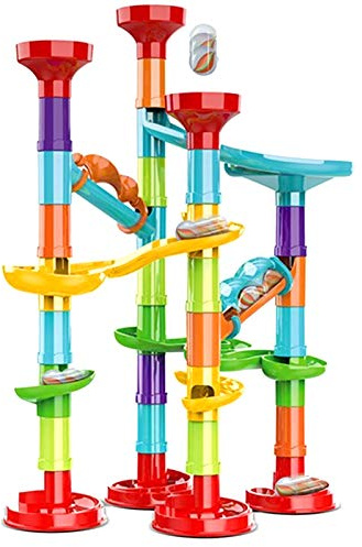 50Pcs Marble Run Set, Building Blocks Construction Coaster Game, Maze Race with 15 Glass Marbles for Kids, Educational Race Track Game Birthday Gifts