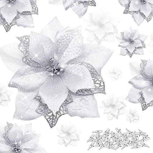 YSUVIN Fleurs de Noël Poinsettia, 25 Pcs Argent de Fleurs de Noël Pailletées, Fleurs de Noël Artificielles avec 25 Pcs de Clips pour Noël, Mariage, Fête du Nouvel an (15cm &12cm)