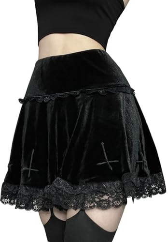 XKBHYD Jupe gothique en velours pour femme - Pour l'automne et l'hiver - Croix brodée - Taille élastique - Jupe de fête d'Halloween avec ourlet en dentelle, 2 - Noir, L