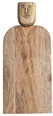 Large Hand-Carved Mango Wood Cheese Slicer and Cutting Board with Face Handle Design and Combed Finish, Natural