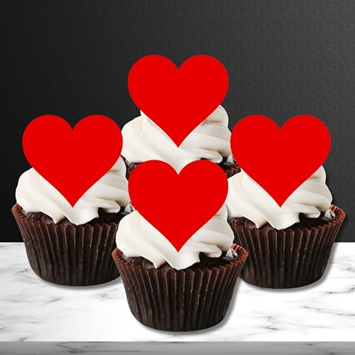 PRECUT Red Love Heart Cupcake Toppers, Valentines Day Edible Cake Topper, Edible Valentine Cake Decorations, Proposal Decorations, Engagement Cake Decoration, Anniversary Cake Toppers (12)