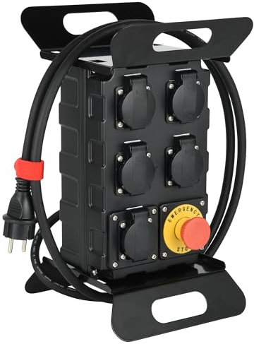 Electraline 60427 Coffret de Chantier 16A, 5 Prises Françaises IP44 16A, avec Disjoncteur Différentiel 30mA et Bouton Poussoir d'arrêt, Cable H07RN-F 3G2.5mm Longueur 2M