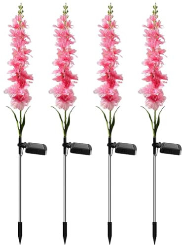 Kexpery 4 piezas Delphinium luces solares de jardín IP65 impermeable al aire libre flores solares luces coloridas/luz cálida al aire libre solar Delphinium LED luz para patio patio decoración