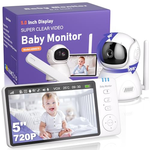 OBVHNUA Baby Monitor Video e Audio, Babyphone con Fotocamera da 5 Pollici 720P HD 2 x 4 x Zoom Digitale, Due Vie, Audio VOX, Visione Notturna, Monitoraggio della Temperatura