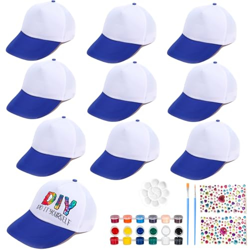 10 Pièces Casquettes pour enfants à peindre,Casquette Graffiti,DIY casquette de baseball avec autocollants en pierres précieuses, casquette de baseball pour enfants,pour cadeau d'anniversaire Enfants
