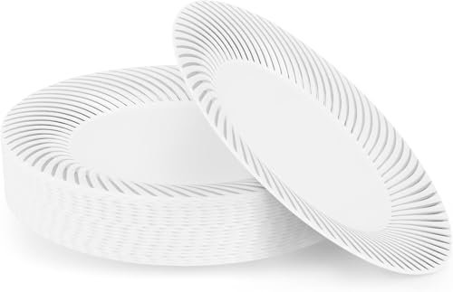 MATANA 20 Premium White Plastic Dinner Plates with Silver Rim, 25cm / 9.8 Inch - Elegant & Reusable Party Plates for Weddings, Birthdays, Picnic, BBQ, Parties