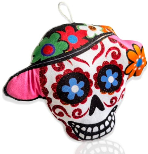 NARAMAKI Färgglad mexikansk skalle plyschleksak - hängande tygskalle 20 x 26 cm - de dödas dag - Halloween - karneval - Dias de los Muertos - Mexiko