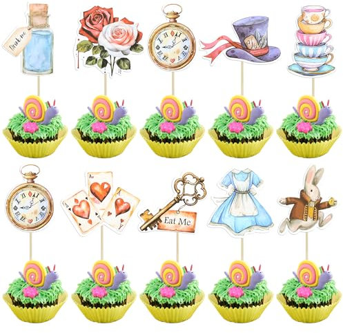 Gyufise 36 decorazioni per cupcake a forma di Alice, motivo: farfalla, fiore, ciotola, portachiavi, orologio, stecchini per cupcake, tè, feste, decorazioni per baby shower, compleanni nel paese delle