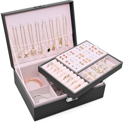 Sciphylia Boîte à Bijoux Femme Verrouillable Organisateur de Bijoux 2 Couches Grande Capacité Boite de Rangement avec Plateau Amovible pour Bagues, Boucles d'oreilles, Colliers, Bracelets, Noir