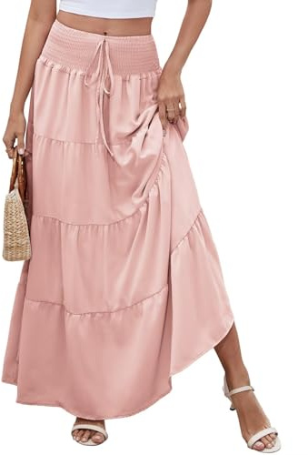 Kfnire Lång kjol för kvinnor semester elegant kjol med utdragbar midja 2-i-1 kjolar för kvinnor är lämpliga för avslappnade strandscener, flera storlekar, rosa, XL