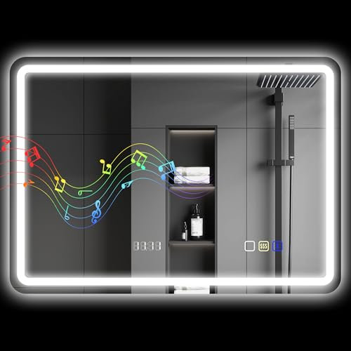 HOMCOM Espejo de Baño con Luz LED 70x50 cm Bluetooth Espejo de Pared con 3 Colores de Luz Reloj Digital Brillo Ajustable Función Antivaho Función de Memoria Interruptor Táctil IP44