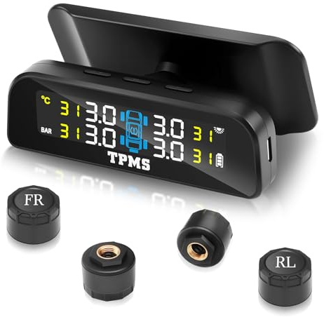 Avutrel Sistema di Controllo della Pressione dei Pneumatici (TPMS) 0-3.5 Bar, Caricamento Solare e USB, 5 modalità di Allarme con LCD e 4 Sensori Esterni – per Auto SUV Camper Rimorchi e Camion