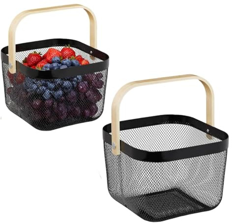 Drahtkorb mit Henkel, Obstkorb Hängend, Obstschale, Garten-Erntekörbe, Obstkörbe Metall, obstschale, eckiger Aufbewahrungskorb, für Bad Küche Picknickc,2 Stück,18 x 24,5 x 24,5 cm(Schwarz)