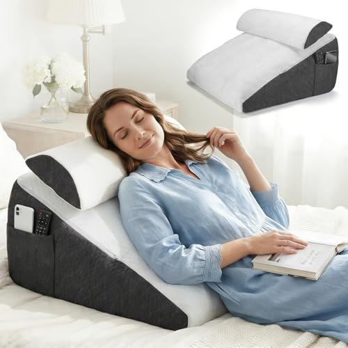 Aofesel Cojín de cuña para cama y sofá, 50 x 50 x 26 cm, cojín de tres capas con funda lavable, espuma viscoelástica, cojín de lectura para reflujo, antironquidos, cuello y dolor de espalda