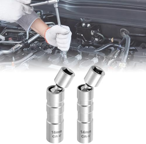 Lot de 2 Clés à Bougie d’Allumage Magnétiques 14mm & 16mm, Douille de Bougie Pivotante 360° avec Aimant, Clé à Douille Universelle 12 Pans 3/8, Outil de Retrait de Bougie pour Voiture et Moto (B)
